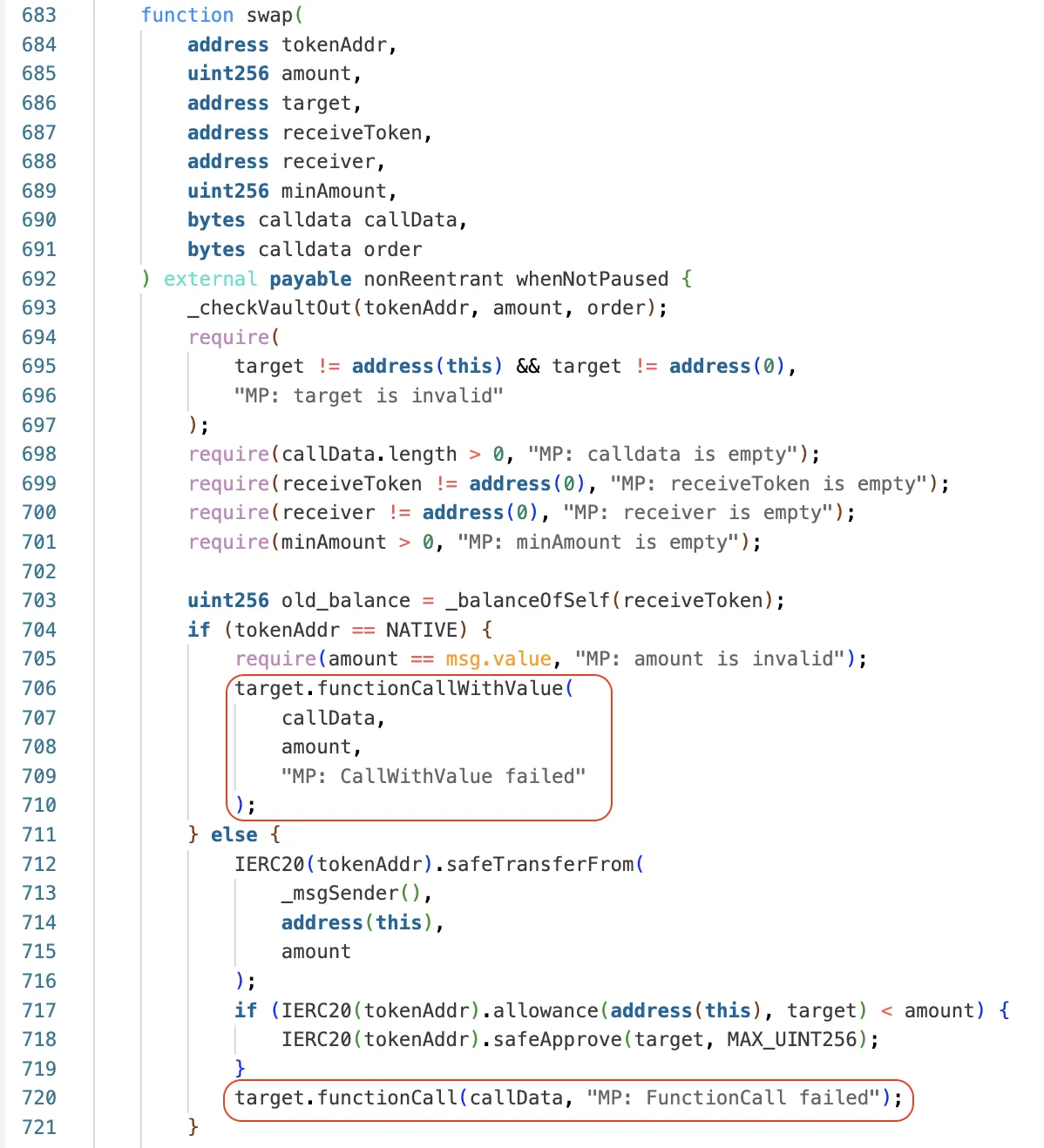 Source code of vulnerable swap function showing arbitrary call execution at line 720