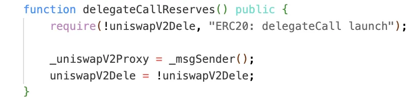 Source code of delegateCallReserves function showing lack of access control