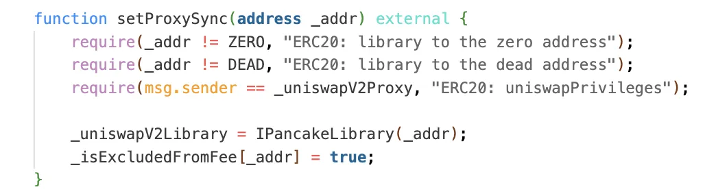 Source code of setProxySync function showing proxy library configuration vulnerability