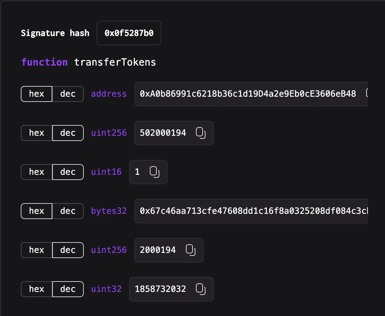 Decoded transaction input showing transferToken function call with parameters